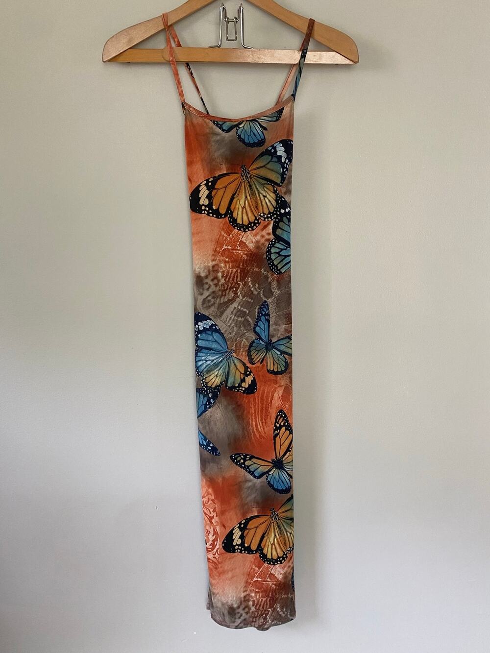 Vtg Y2K bodycon dress cross open back spaghetti straps allover butterflies print
